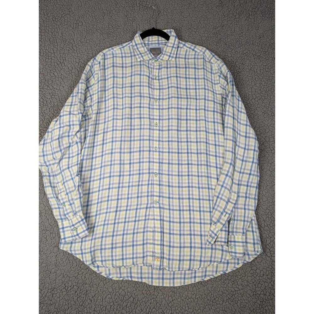 Thomas Dean Mens 100% Linen XL Blue Plaid Button Down Long Sleeve Shirt